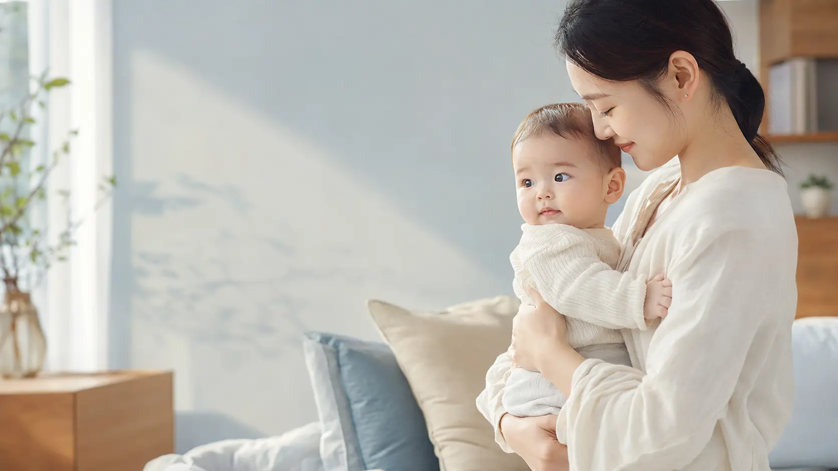 A mother holding her baby at home