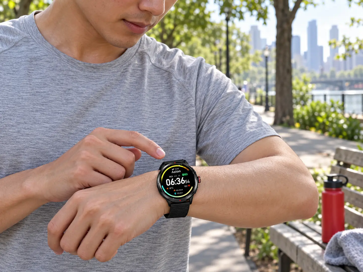 Aolon smartwatch worn on the wrist showing a heart rate of 72