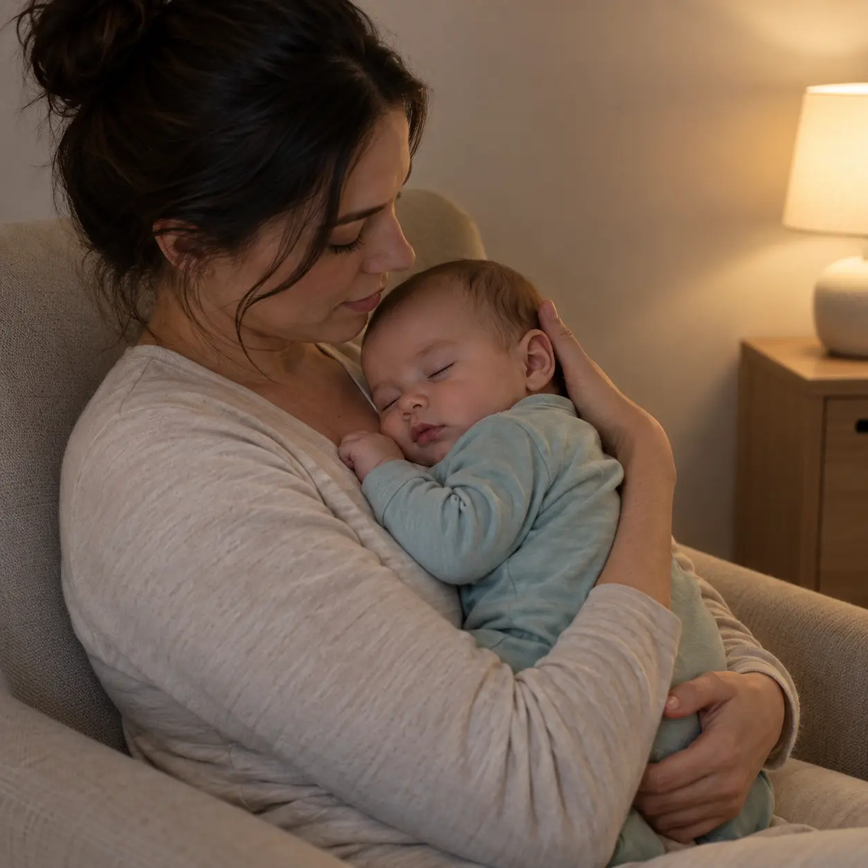 A mother comforting her baby at night